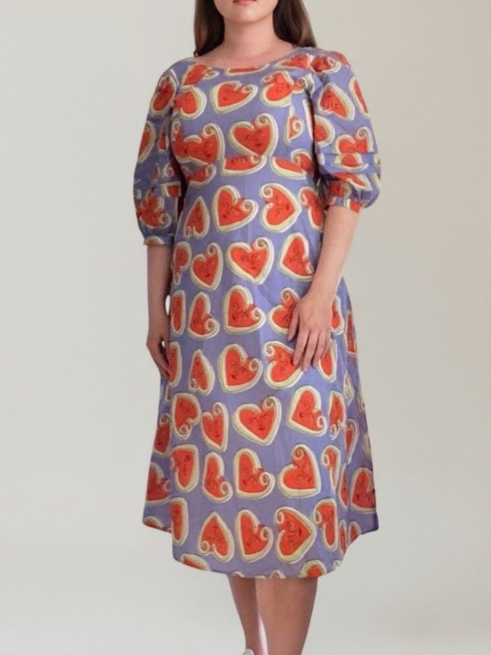Gorman Purple Orange Face Heart Snake Print Midi Dress Puff Sleeve Artsy Unique